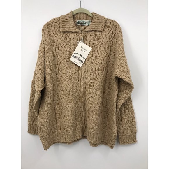 Ann Crafts Sweaters - Aran Crafts Ireland Fisherman Chunky Zip Sweater Merino Wool Tan XXL NEW